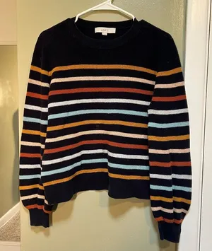Loft Womens Size Large Crewneck Sweater Navy Blue Multicolor Stripes 100% Cotton thumbnail 1