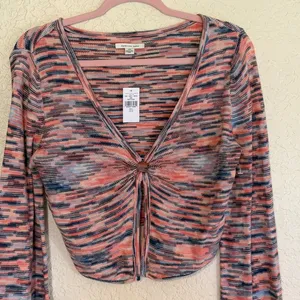 American Eagle‎ Cropped Cardigan Women L Pink Blue Space Dye V-Neck NEW thumbnail 4