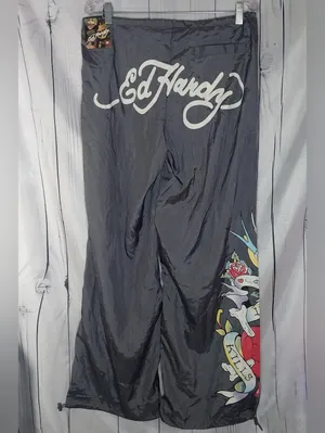 Ed Hardy Nylon Baggy Y2K Style Parachute Pants With Tattoo Graphic. NWT thumbnail 2