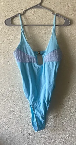 Light Blue One-Piece Swimsuit with Front Accents thumbnail 1