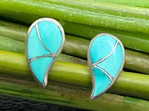 Sterling Silver Vintage STR.SII Turquoise Inlay Comma Teardrop Post Earrings thumbnail 1