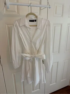 White Poplin Tie Waist Shirt Dress Long Sleeve Mini Dress thumbnail 3