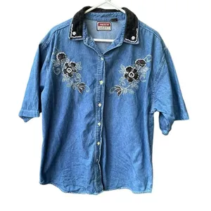 Andrew Sport size 1X boxy embroidered beaded velvet trim button down top. thumbnail 1