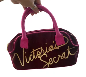 Victoria's Secret Y2k Burgundy Velvet Vanity Bag Pink Logo Heart Zipper‎ Pull thumbnail 1