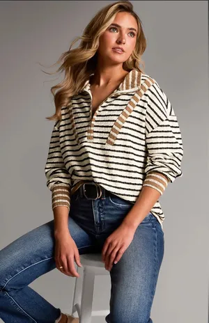 BKE Womwn’s Cream, Black & Brown Striped Half-Zip Sweater thumbnail 1