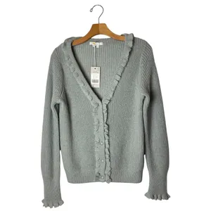 Boden Sweater Women 6 Green Sage Ruffled V Neck Button‎ Cardigan Boho Preppy NWT thumbnail 2