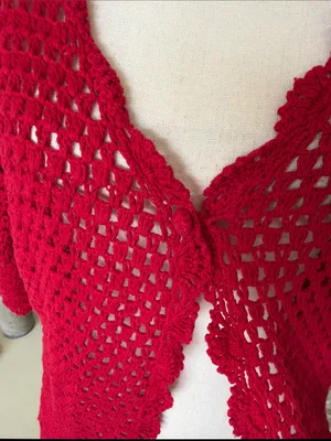 Norm Thompson red linen cotton, crochet knit, 3/4 sleeve sweater cardigan XL thumbnail 3