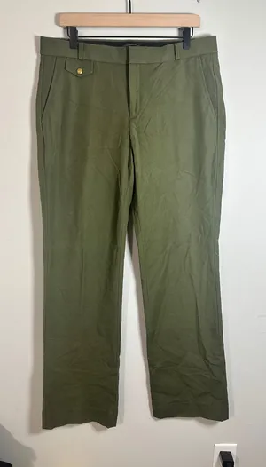 Banana Republic Logan Fit Trousers Olive Green Gold Button Straight Leg Size 16 thumbnail 1