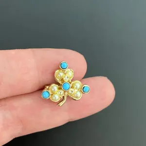 Mini Vintage MCM Shamrock Pin Irish Clover Brooch Turquoise & Seed Pearl Accents thumbnail 2