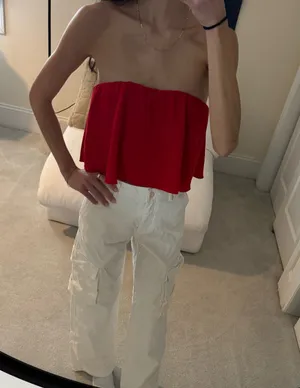 Aritzia Red Satin Flowy Strapless Top thumbnail 1