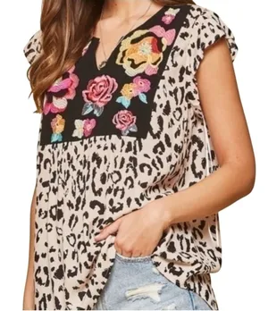 Savanna Jane Leopard Print Floral Embroidered Boho‎ Top Small Tan Black Rose thumbnail 1