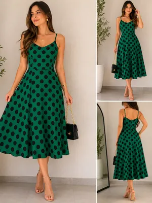 Green Polka Dot Midi Dress with Spaghetti Straps Size M thumbnail 2
