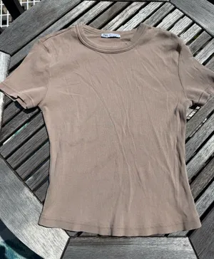 ZARA Short Sleeve Ribbed Tee in Taupe Beige thumbnail 1