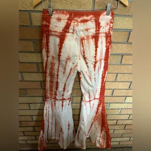 Free People Tie Dye Bell Bottom Flare Jeans Orange & White Size 26 Festival Boho thumbnail 3