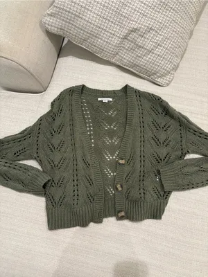 American Eagle Outfitters Olive Green Knit Cropped Cardigan thumbnail 3