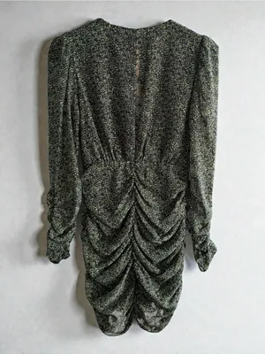 Zara Green Black Speckled Ruched V-Neck Mini‎ Dress Long Sleeve XS thumbnail 2