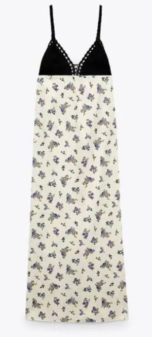 Zara Crochet Satin Maxi Slip Dress Black Cream‎ Lavender Floral Boho Festival S thumbnail 1