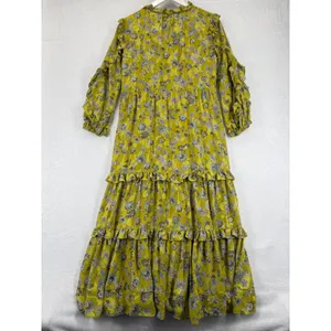 ALEXIS Auja Floral‎ Print Crepe Midi Dress Ruffle Sleeve Tiered Yellow XS thumbnail 9