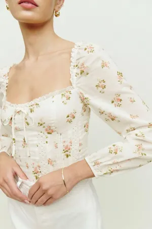 Reformation Isadora Floral Balloon Long Sleeve Smocked Top Corset Embroidered thumbnail 1