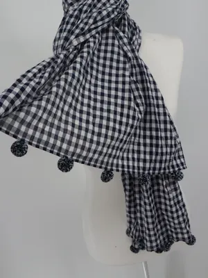 J.Crew Navy White Gingham Plaid Pom Pom Scarf 100% Cotton NWT Preppy Picnic thumbnail 4