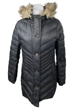 Abercrombie & Fitch Women's Black Fur Hooded Button Parka Puffer Coat Jacket S thumbnail 1
