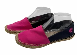 Tory Burch Colorblock Pink Navy Canvas Espadrille Flats Jute Double T Logo Sz 9 thumbnail 1
