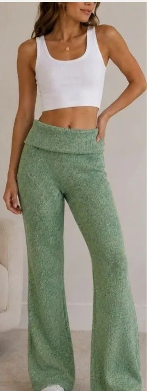 Aerie women’s XS Ribbed Knit High Waisted Flare Pants Green stretch foldover boh thumbnail 1