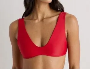 New Quince Italian Plunge Bikini Top Swimwear Cherry Red - Medium NWOT thumbnail 1