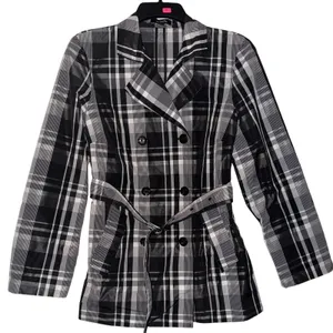 Rafaella Womens Plaid Double Breasted‎ Belted Trench Coat Size S Black White thumbnail 1