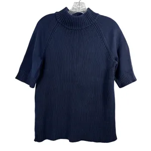 Lands End Navy Blue Ribbed Mock Neck‎ Short Sleeve Cotton Sweater XL 18 thumbnail 1
