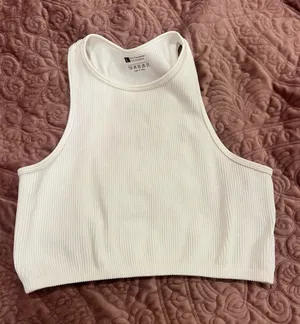 Women's White Ribbed Tank Crop Top - Classic Scoop Neck thumbnail 1
