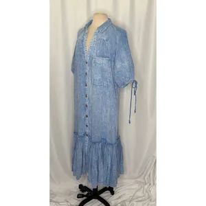 FREE PEOPLE Maya Midi Dress Blue Button Front Washed Look Bohemian Medium thumbnail 6