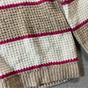 American Eagle Outfitters Tan White Pink Striped Waffle Knit Crewneck Sweater XS thumbnail 2