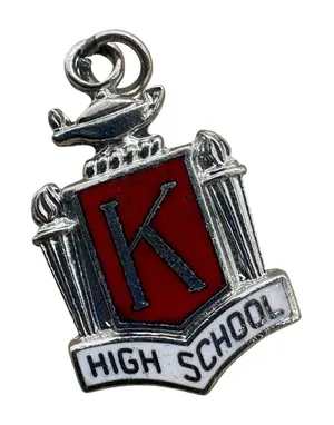 Vintage 1972 High School Crest Charm‎ Red Enamel Letter K Silver Tone Pendant thumbnail 1