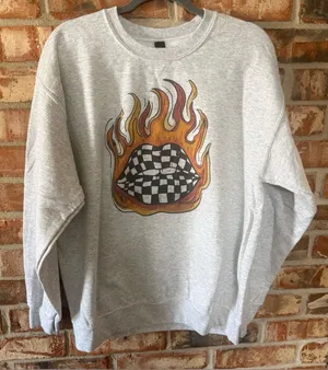 Gildan Ash Gray Crewneck with Checkerboard Flame Lips Graphic thumbnail 1