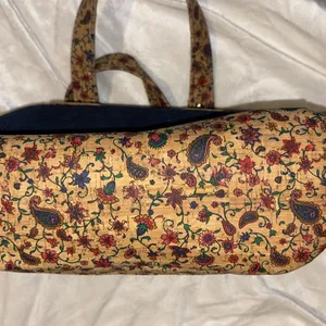 Blue Denim Handbag With Floral Corklike Design On Bottom & Handles Red Interior thumbnail 6