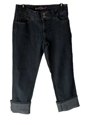 Angels Jeans Y2k Button Pockets‎ Mid Rise Dark Wash Cuffed Capri Jeans Size 10 thumbnail 1