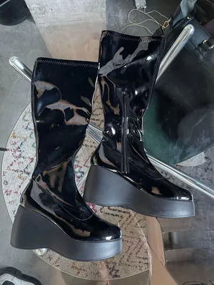 Nasty Gal Black Patent Leather Platform Knee High Boots thumbnail 1