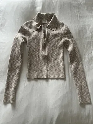 Abercrombie & Fitch | Marled Ribbed Half Zip Collar Sweater Top Beige Cream XXS thumbnail 3