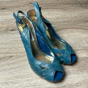 Steve Madden Leather Marlene Teal Peep Toe Heels thumbnail 3