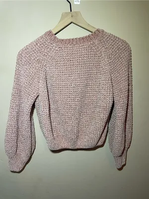 Altar’d State Pink Chenille Cropped Sweater Small Cozy Waffle KnitBalloon Sleeve thumbnail 4