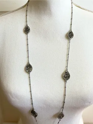 Women’s Long Necklace Silver-tone Sparkly Teardrop Filigree Adjustable thumbnail 3