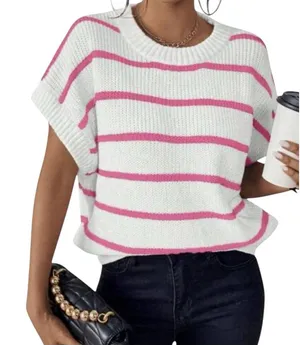 Slouchy Knit Sweater Vest‎ White With Pink Stripe Preppy Girlie Size M New thumbnail 1