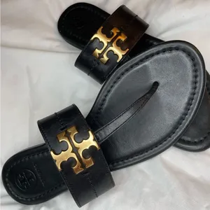 Tory Burch‎ Black Leather Miller Sandals Gold Logo Women’s Size 6.5 thumbnail 4