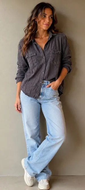 American Eagle Vintage Boyfriend Gray Button Down Utility Shirt thumbnail 1