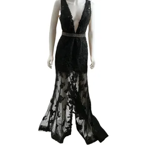 Sherri Hill Black Lace Plunging V-Neck Beaded Waist Formal Gown Dress Size 4 thumbnail 3