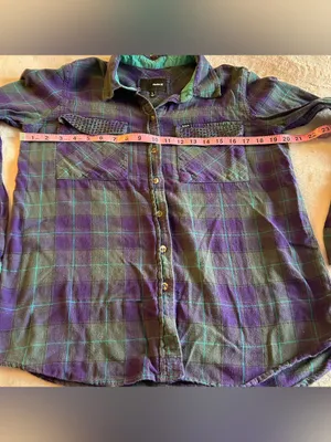 Hurley purple gray blue plaid flannel long sleeve metal stud pocket flaps size L thumbnail 9