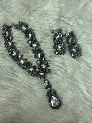 Dark Silver Tone Rhinestone Chunky Statement Necklace & Earring Set thumbnail 3