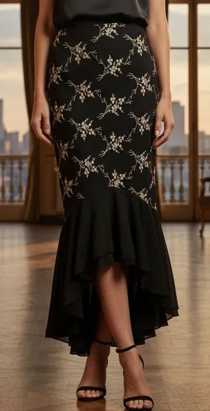 Cache Black High-Low Embroidered Floral Mermaid Skirt thumbnail 1