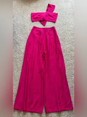 Flying Tomato Fuschia Pink Twisted Crop Top High Rise Wide-Leg Pant Set Sz S & M thumbnail 9